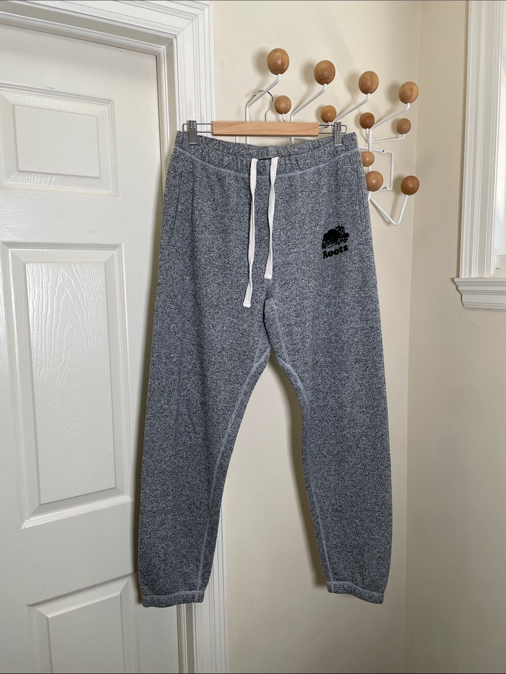 Roots Heather Fleece Joggers with White Drawstring - Grey - M